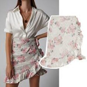 Pink Floral Mini Wrap Skirt with Ruffle Hem